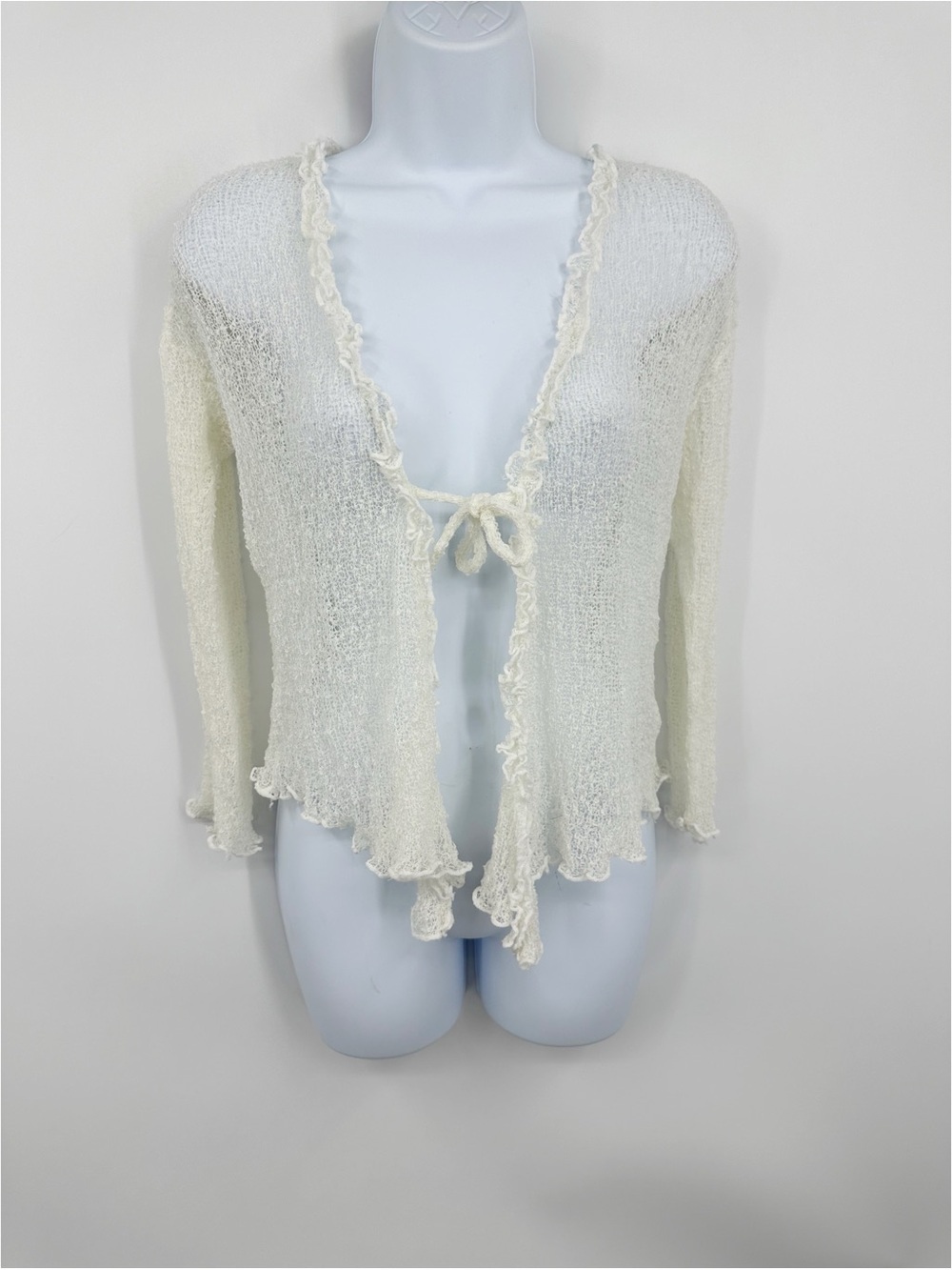 Vintage Y2K Micro Mini Cream Tie Wrap Sweater Cardigan Size Small Lightweight